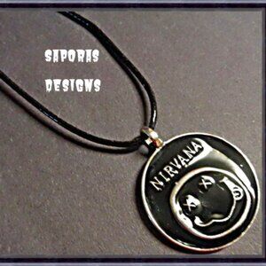 Silver Tone & Black Nirvana Theme Necklace With Black Rope Chain Unisex
